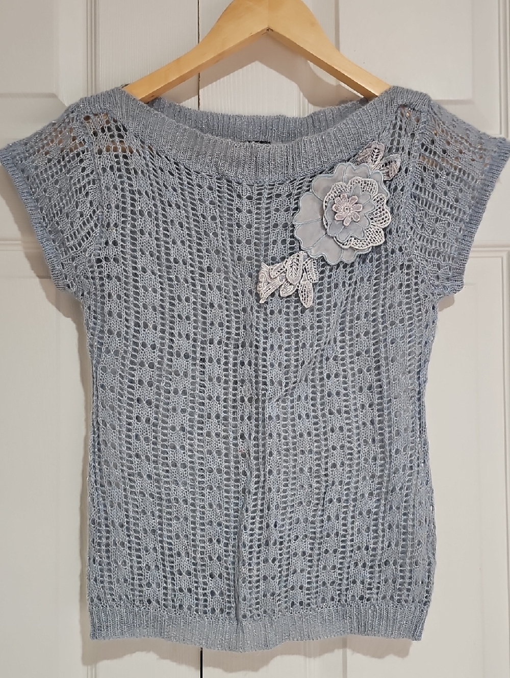 ❄️ Takara Light Blue Knit Top Floral Appliqué Soft Feminine